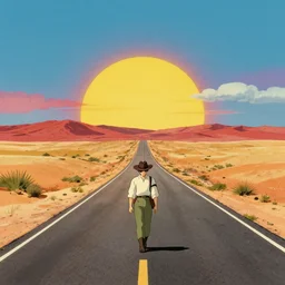 Summer Dream, retro, desert highway, lone ranger, retro colors, bold colors, drawn by Hayao Miyazaki, 8k, digital art, artstation