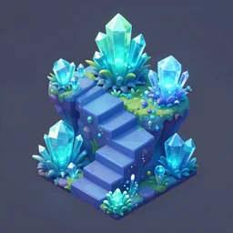 mobile game asset, isometric staircase, crystals, organic isometric design, bioluminescent alien - like plants inspired by the pandora aesthetic avatar's alien nature. we can see alien plants glowing in the dark arround the isometric itens in dark place cyan, orange smooth glow night photoshop filter low poly behance hd
