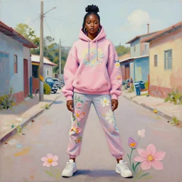yolandi visser with pretty features wearing a hoodie standing in a township street in the style of martine johanna, street clothing, haute couture! fashion!, full figure painting by andrei riabovitchev, tara mcpherson, david choe, decorative flowers, detailed painterly impasto brushwork, pastel color palette, die antwoord
