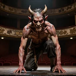 a taiwanese demon lurking on a stage in a rundown distraught theatre, professional photography, highly detailed, stunning lighting, artstation, realistic face and anatomy, by thomas kinkade and greg rutkowski