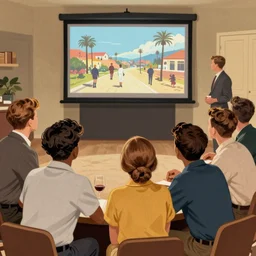 an iconic beautiful illustration by norman rockwell of a group of friends gathering around to watch a slideshow from a recent trip