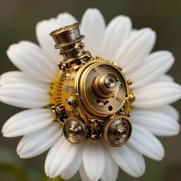 a commercial product shot for a daisy flower, victorian, steampunk, mechanical highly ornate, vray, 8 k, cinema 4 d, cinematic, macro photography