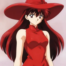 nineties anime picture of a beautiful sorceress, skintight red dress, hat, face details, red hair, white skin, fight, high fantasy, dnd, extremely detailed, sharp focus, smooth, illustration by studio gainax