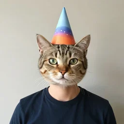 man with a cat head wearing a party hat