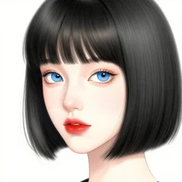a sketch of a woman with large blue eyes, thin nose, red lipstick and black bob with fringe, wearing a white shirt, seated at a table, drinking a milkshake with a straw, by Saul Bass