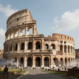 colosseum in rome, steampunk city in the background, matte painting, high detail, steam, dreamy, natural light, artstation