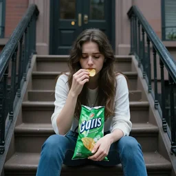 real front angle photo of a beautiful sad brunette girl sitting at the staircase of a new york house eating from a green bag of chips, sad environment, stormy day