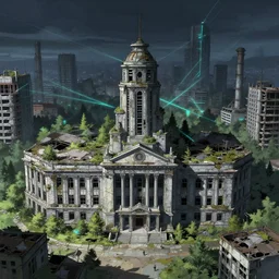 a beautiful very detailed anime illustration of architecture abandoned nature building city unfinished building industrial architecture urbex courthouse by martin johnson heade, sci - fi laser nightvision, archdaily, wallpaper, highly detailed, trending on artstation.