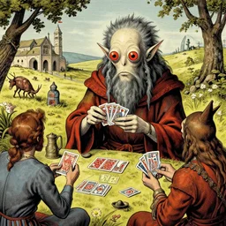 higly detailed illustration in the style of bernie wrightson with an eight eyed humanoid god dealing cards over a medieval field