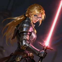 blond knight with glasses arm cut by lightsaber, fantasy, digital painting, dramatic lighting, vibrant setting, realistic shading, unreal engine 5, concept art, ultra detailed, trending artstation