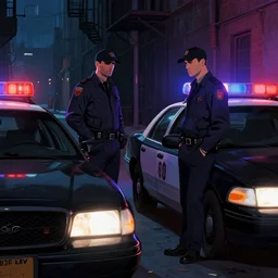 two mafia criminals meet late at night in a dark alley in new york, a suspicious black car is parked next to them with the lights of a police car reflecting on it, digital illustration, amazing detail, in the style of greg rutkowski