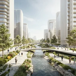 an optimistic futuristic pedestrian city with landscaped streams, idyllic crossing bridges, by christian schloe and thomas heatherwick