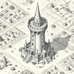 aerial view of a wizard tower that's surrounded by resources, lineart from a resource gathering game