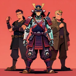 a polished vectorgraphic celshaded ultrawide angle fullbody portrait shot of a cybered samurai with robotic implants by jeral tidwell feat dracko velasco and beastwreck. inspired by paul lewin and clogtwo. lowbrow shadowrin cartoon graffity style reminds to chris dyer and cantwo kopak. overpainted and stylized by subjekt zero.