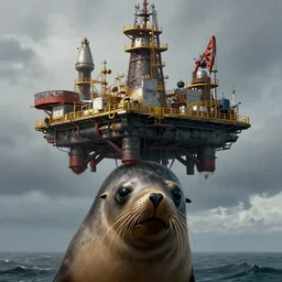 a oil rig mounted on the head of a giant south american fur seal australis, key visual, ambient lighting, highly detailed by greg'craola'simkins and kris kuksi, apocaliptic, zoom out, sharp focus, illustration