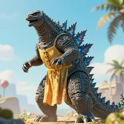 Godzilla in a summer dress Highly Detailed, Photorealism, HD quality, 8k resolution, cinema 4d, 3D, unreal engine 5, high quality, beautiful, cinematic —ar 16:9