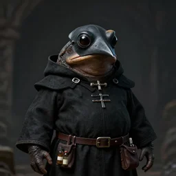 a portrait, a plump amphibious humanoid wearing a pointy bird style black plague doctor mask, short in stature, wearing black medieval robes, medical doctor, small vials and pouches attached to belt, pointy mask, style by donato giancola, wayne reynolds, jeff easley dramatic light, high detail, cinematic lighting, artstation, dungeons and dragons