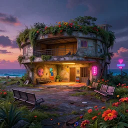 a beautiful hyperdetailed rendering of abandoned waiting room city nature architecture by alvaro leite siza vieira, landscape at dusk thermal imaging dramatic lighting nature fisheye neon signs sea biopunk darkacademia hyperrealism flowers studio ghibli alien postcyberpunk, archdaily, wallpaper, highly detailed, trending on artstation.