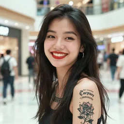 Photo of grinning beautiful young asian woman with many tattoos looking cute wearing red lipstick in 1990 at a mall