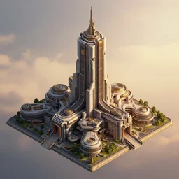 sci-fi building. isometric view, concept art, Unreal Engine, ultra detail, 8K, 3D, Greg Rutkowski, in sunset