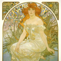 A delicate painting of Lena Dunham sitting at a pond, by Alphonse Mucha, art nouveau, detailed, elegant