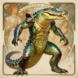 cinematic portrait of anthropomorphic alligator character, masculine and ferocious, gator warrior poised for battle by artgerm, cushart krenz, greg rutkowski, mucha. art nouveau. gloomhaven, iridescent scaled body, vibrant colors, sharp edges. ultra clear detailed. 8 k. elegant, intricate, octane render