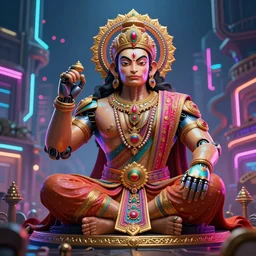 high quality 3 d render colorful cyborg! hanuman sitting, gold madhubani, highly detailed, cyberpunk!! mumbai in the background, unreal engine cinematic smooth, szukalski & blade runner, moody neon light, low angle, uhd 8 k, sharp focus