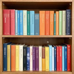 A bookshelf with colorful books, which are arranged by color.
