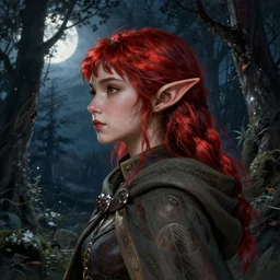 side portrait high-fantasy elf girl with detailed pointed sharp long ears and full lips, adventurer outfit large cloak, fantasy forest landscape, moonshine, fantasy magic, feathery red hair, dark light night, intricate, elegant, sharp focus, illustration, highly detailed, digital painting, concept art, matte, art by WLOP and Artgerm and Greg Rutkowski and Alphonse Mucha, masterpiece