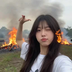 close - up or a young influencer dances in front of a huge forest fire, smoke, webcam