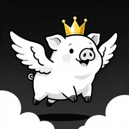 black and white cartoon drawing of a flying pig with wings wearing a gold crown in the sky 8k