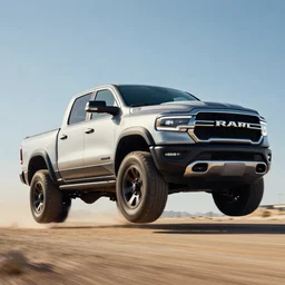 photograph of a new dodge ram flying in the sky