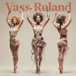 Vass Roland cover art body art electronic ballerina arms up softcore hand holistic animal machine cables android gen behind head pose future bass girl unwrapped dress smooth body unfolds statue bust curls of hair petite lush front and side view body photography model full body curly jellyfish lips art contrast vibrant futuristic fabric skin jellyfish material metal veins style of Jonathan Zawada, Thisset colours simple background objective