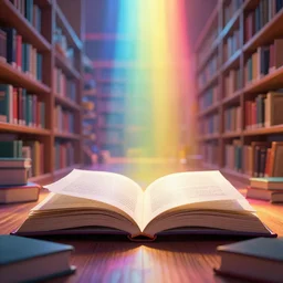 open book spell in a library, colorful, octane render, volumetric light, trending on Artstation