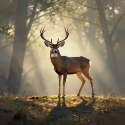 large buck white tail standing on top of a hill with light shining through the trees in the early morning, volumetric shadows, volumetric lighting digital painting, trending on artem, trending on deviantart,