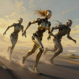 cyberpunk, humanoid figures speeding in the open sky, atmospheric lighting, painted, intricate, golden hour, ultra detailed by peter gric, giger, enki bilal