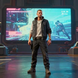character art by mœbius, wide shot, realistic, cyberpunk 2 0 7 7 character art, gta v loading screen art, blade runner 2 0 4 9 concept art, cel shading, thick lines, artstation, art by stephen bliss
