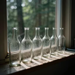 empty oval glass bottles lined up on a dusty kitchen window cill. forest background