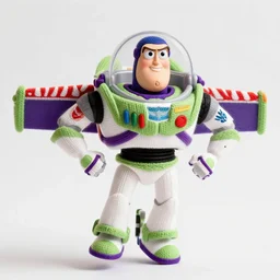 a photorealistic photograph of a knitted Captain America as Buzz Lightyear flying through space Trending on Artstation, featured on Behance, well-rendered, Unreal Engine, 4K HD