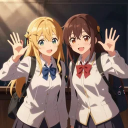 Yuri and Natsuki from Doki Doki Literature Club are smiling and waving at the camera
