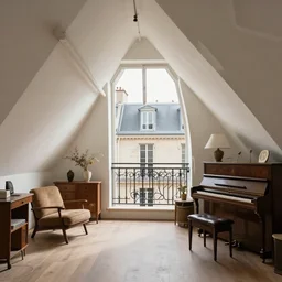 parisian studio attic with a balcony and roof window, decorated with vintage furniture and piano, wide angle lens , real photo, masterpiece