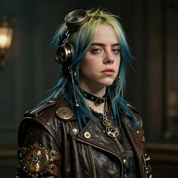 Billie Eilish, steampunk, 1920s, high resolution, octane, shallow depth of field, atmospheric, cinematic