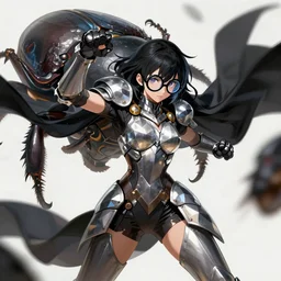 portrait of a female anime hero fighting a giant beetle, wearing big black circle glasses, a flowing black cape and diamond armor, art by artgerm, fantasy art