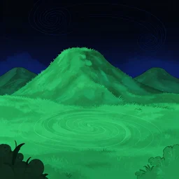 night cartoon cartoon concept art, grass mountain landscape, from sam and max, black blue green, spiral lines, pastel colors