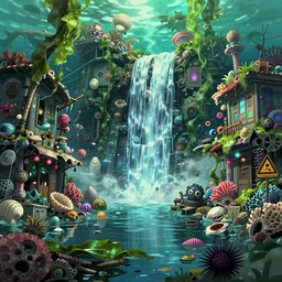 painted anime background of a flooded underwater slums shopping district located by a waterfall and built from various sea shells and corals and being reclaimed by nature, seaweed, light diffraction, litter, steampunk, cyberpunk, cool colors, caustics, anime, vhs distortion, hazard warning signs, sickly green color palette, barnacles, sea urchins, inspired by splatoon by nintendo, art created by miyazaki