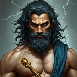 painted portrait of rugged zeus, god of thunder, greek god, dark hair, masculine, young, handsome, upper body, blue and gold, muscular, hairy torso, fantasy, intricate, elegant, highly detailed, digital painting, artstation, concept art, smooth, sharp focus, illustration, art by gaston bussiere and alphonse mucha
