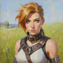oil painting of tracer overwatch in a field wearing very large leather belt choker collar around neck, in style of mark arian, expressive face, very detailed face, very detailed eyes, full body, feminine face, tracer overwatch,