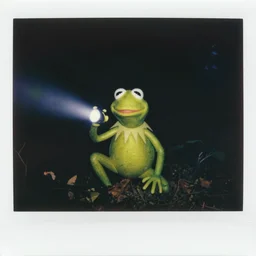 scary night!!! trail camera photograph of kermit the frog in the forest. obscurity. darkness!!!. flash light. motion blur. dim light. polaroid