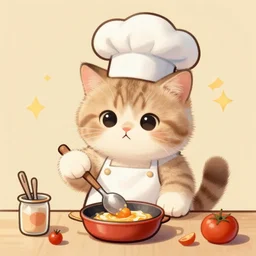 retro art of a cute fuzzy kitten wearing a chef's hat cooking