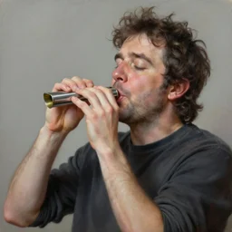 Damon Albarn blowing into a kazoo looking like he's about to pass out, oil painting, digital art, trending on artstation, realistic, hyperrealistic, detailed, very detailed, highly detaild, HD quality, 8k resolution